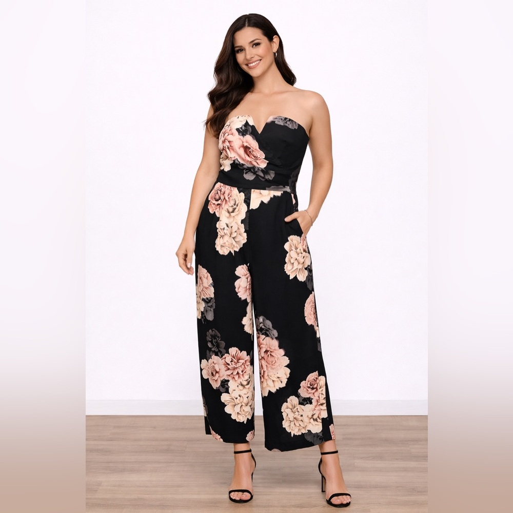 City Chic Black Strapless Floral Wide-Leg Jumpsuit with Blush Floral Print
